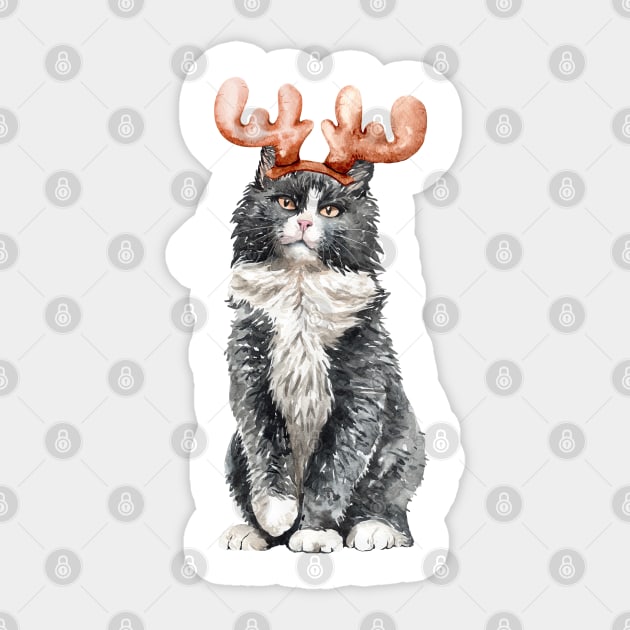 Funny Watercolor Black & White Cat with Moose Horns Sticker by labatchino